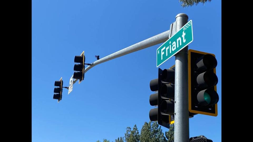 One of the stoplights at Friant and Shepherd avenues on Thursday, April 13, 2023, where accidents occur regularly, according to a resident with a camera trained on the intersection.