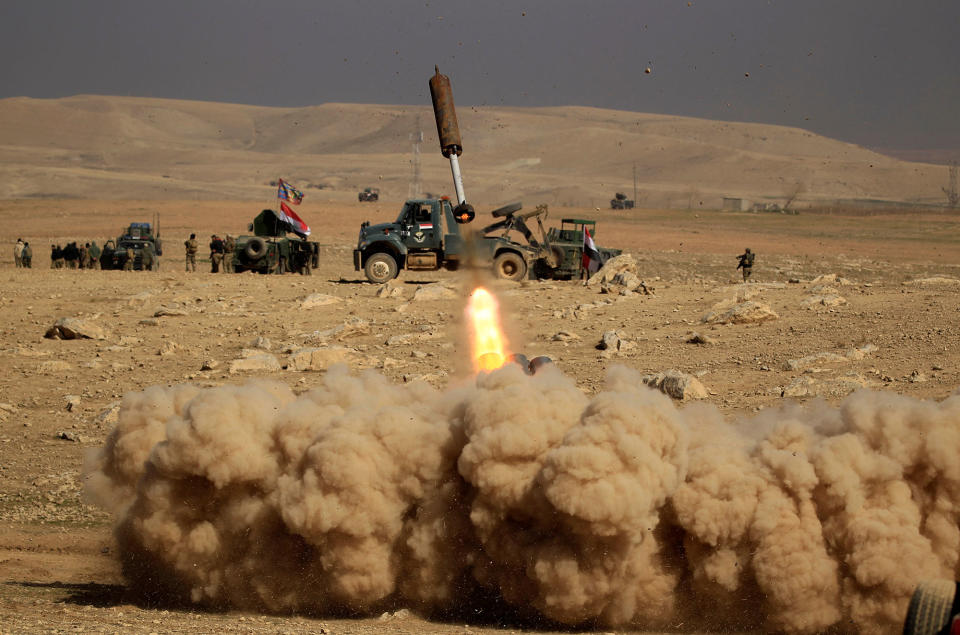 <p>Members of the Iraqi rapid response forces fire a missile toward Islamic State militants during a battle south of Mosul, Iraq, Feb. 19, 2017. (Zohra Bensemra/Reuters) </p>