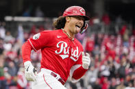 Cincinnati Reds' Jonathan India reacts after hitting a solo home run during the first inning of a baseball game against the Pittsburgh Pirates, Saturday, April 1, 2023, in Cincinnati. (AP Photo/Joshua A. Bickel)