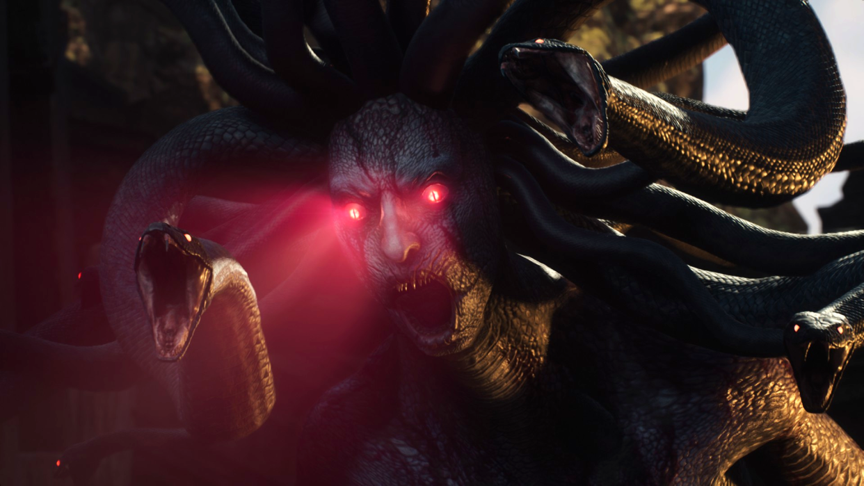  An image of a medusa screaming in Dragon's Dogma 2, her eyes glowing a violent red. 