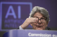 European Commissioner in charge of internal market Thierry Breton speaks during a media conference on an EU approach to artificial intelligence, following a weekly meeting of EU Commissioners, at EU headquarters in Brussels, Wednesday, April 21, 2021. (Olivier Hoslet, Pool via AP)