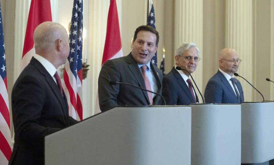 Public Safety Minister Marco Mendicino, second from left, speaks alongside, from right, Minister of Justice and Attorney General of Canada David Lametti, U.S. Attorney General Merrick Garland and U.S. Secretary of Homeland Security Alejandro Mayorkas, as they take part in a news conference following the 2023 Canada-United States Cross-Border Crime Forum, Friday, April 28, 2023 in Ottawa, Ontario. (Adrian Wyld/The Canadian Press via AP)