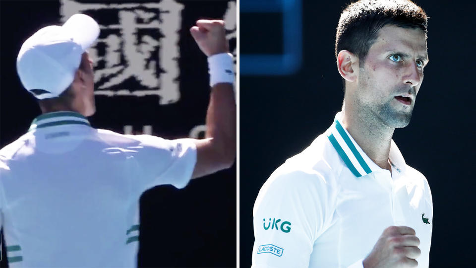 Novak Djokovic directed a first set celebration directly at two boisterous fans who were vocally supporting his second round opponent, Frances Tiafoe. Pictures: Channel 9/Getty Images