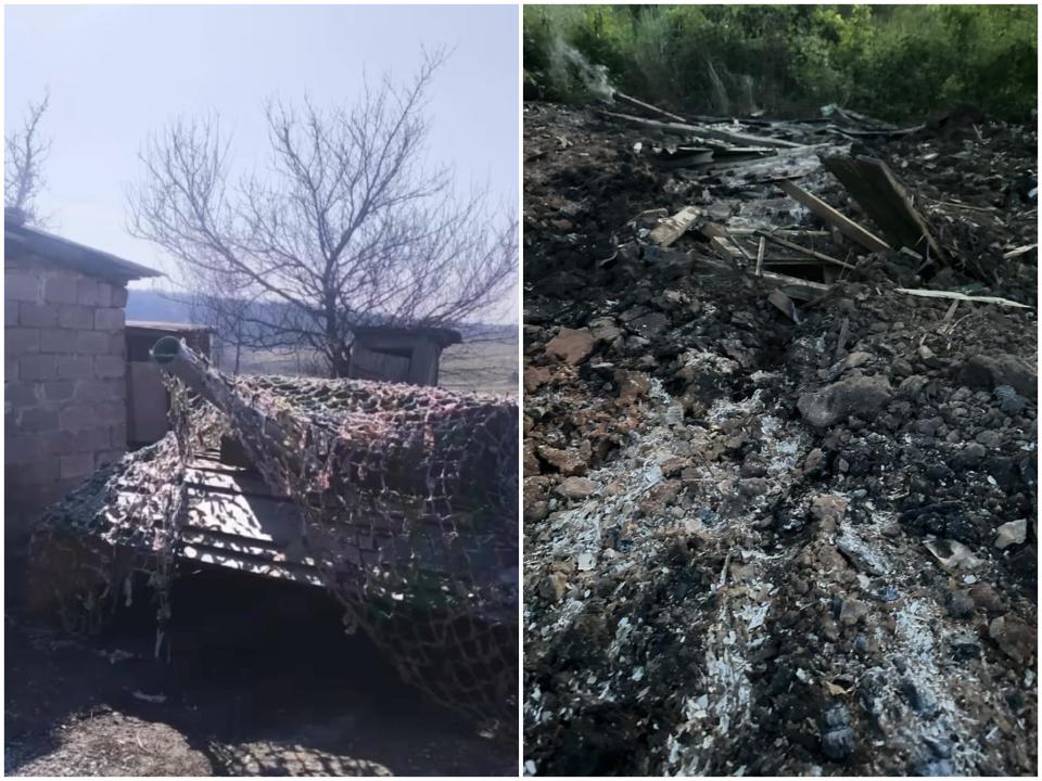 A composite image showing, on the left, what Oleksandr Afanasyev described as a wooden tank decoy; and on the right, the charred site of where it was struck by a Russian Lancet drone.