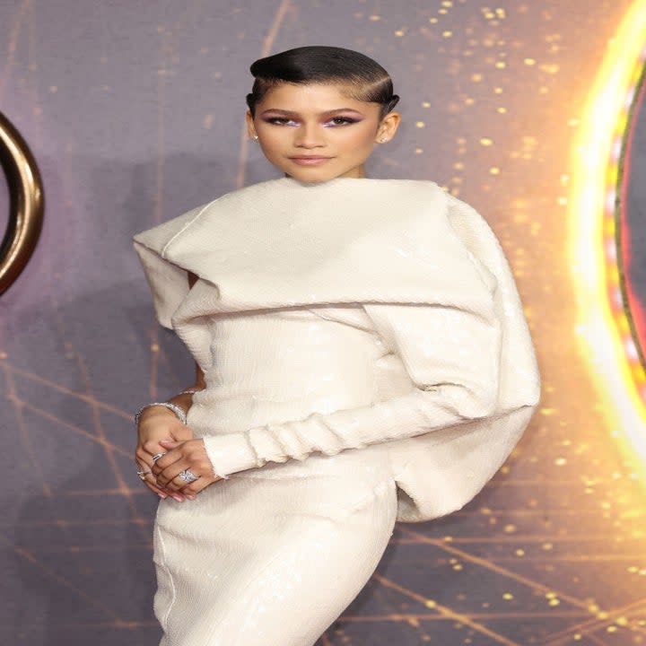 Zendaya poses on the Dune red carpet in a sequined long-sleeved gown