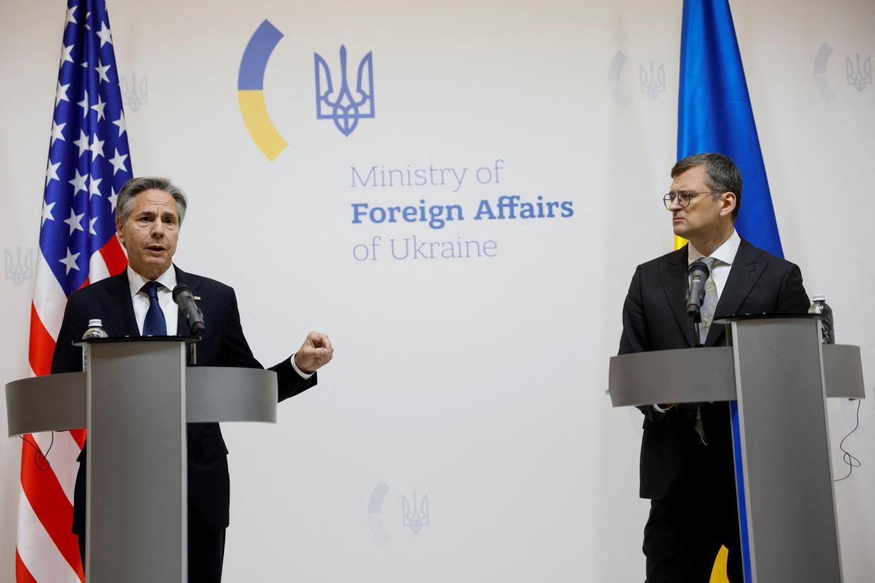 US Secretary of State Antony Blinken and Ukrainian Foreign Minister Dmytro Kuleba hold a joint press conference in Kyiv (REUTERS)