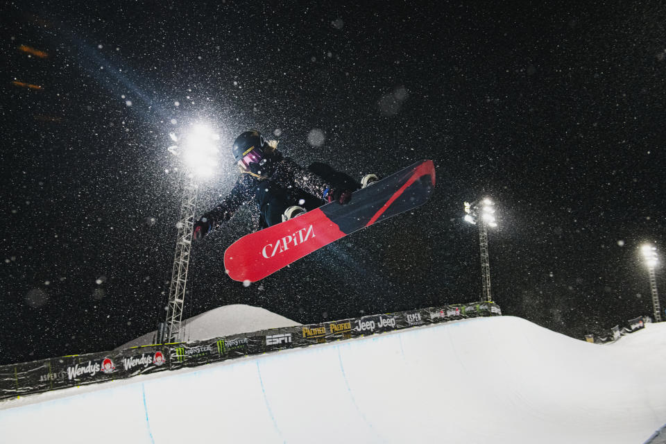 Chloe Kim practices for the superpipe for the Winter X Games on Tuesday, Jan. 26, 2021, in Aspen, Colo. (Kelsey Brunner/The Aspen Times via AP)