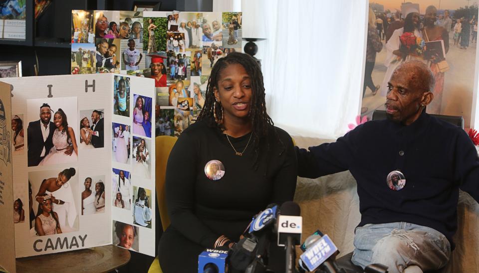 Shanelle De Silva, left, speaks at a press conference on Thursday, April 25, 2024, after her daughter, Camay, was fatally shot while visiting Delaware State University on Sunday. She is joined by her father, Martin De Silva.