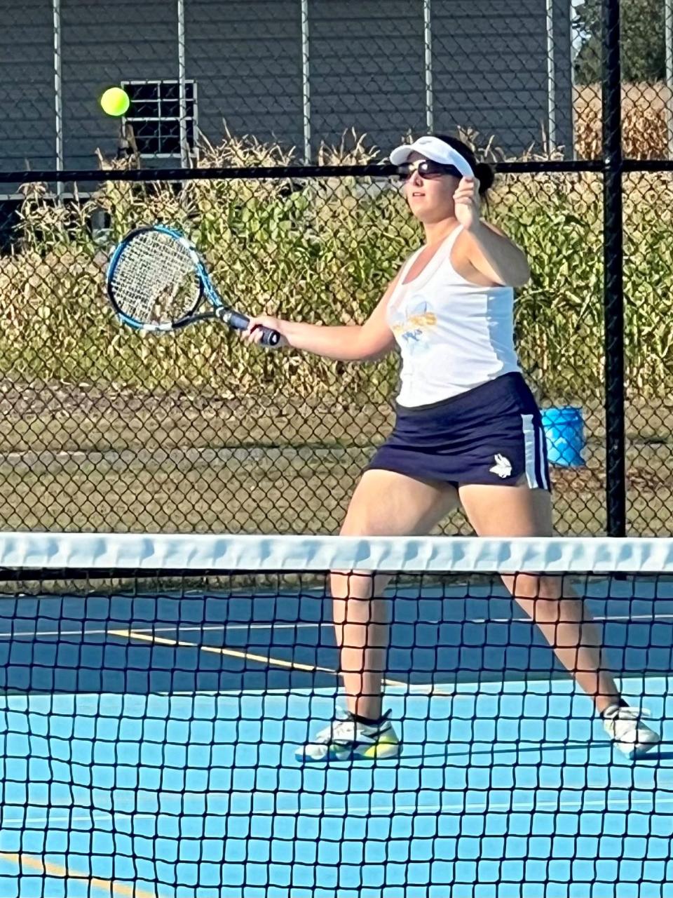 River Valley senior girls tennis player Ava Stover returns a shot from a Kenton player during a match Wednesday afternoon at RV's new tennis courts.