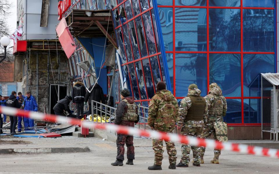 A view shows a shopping centre hit by a missile strike, what local authorities called a Ukrainian military attack