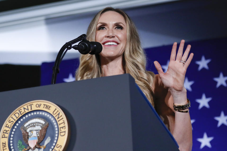 FILE - Lara Trump, President Donald Trump's daughter-in-law, speaks at a Republican fundraiser at the Carmel Country Club in in Charlotte, N.C., Aug. 31, 2018. Donald Trump is calling for a shakeup at the highest levels of the Republican National Committee. And party leaders are taking it very seriously. (AP Photo/Pablo Martinez Monsivais, File)