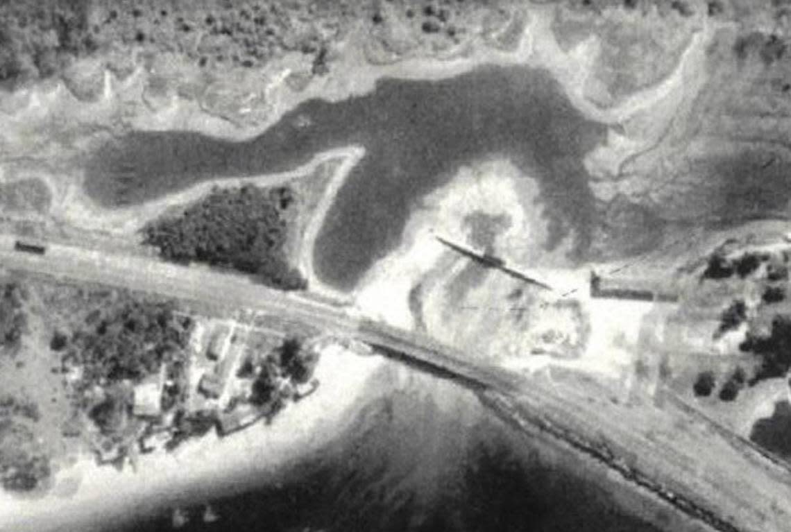 This 1931 aerial photo of Titlow Beach and lagoon shows a train trestle where a causeway and culvert replaced it the following year.