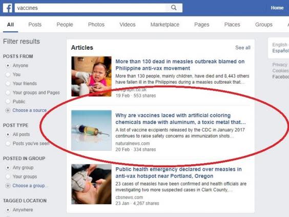 Search results on Facebook lead people to articles promoting anti-vaccination myths (Screengrab/ The Independent)