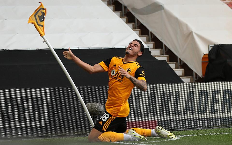 Morgan Gibbs-White celebrates after scoring Wolves' 90th-minute winner - James Williamson - AMA /Getty Images