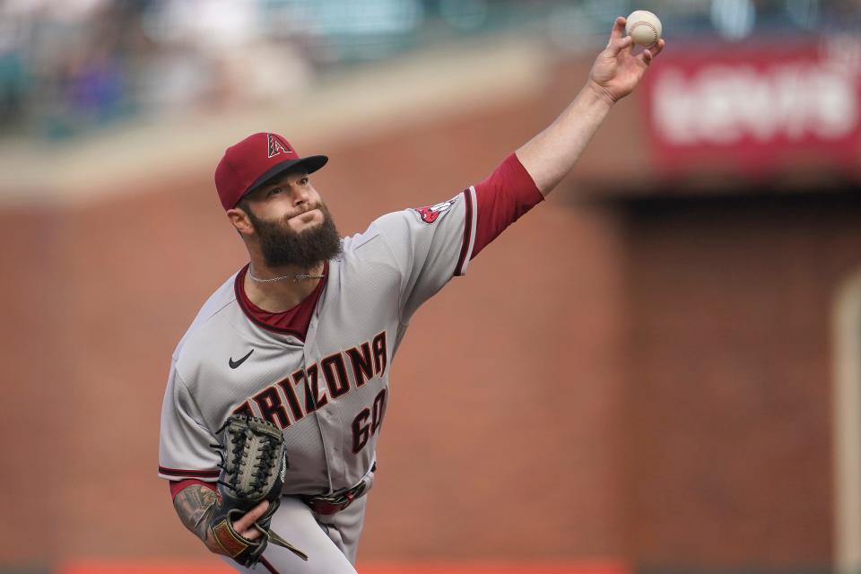 Arizona Diamondbacks' Dallas Keuchel pitches against the San Francisco Giants during the first inning of a baseball game in San Francisco, Tuesday, July 12, 2022. (AP Photo/Jeff Chiu)