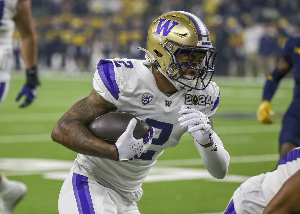 Washington Huskies wide receiver Ja'Lynn Polk (2) is headed to the Patriots. (Photo by Leslie Plaza Johnson/Icon Sportswire via Getty Images)