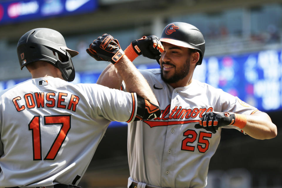 Baltimore Orioles' Anthony Santander (25) celebrates with Orioles' Colton Cowser (17) after a home run in the seventh inning of a baseball game, Sunday, July 9, 2023, in Minneapolis. (AP Photo/Andy Clayton-King)