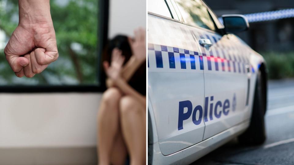 Close up of clenched fist, cowering women in background. Australian police vehicle. 