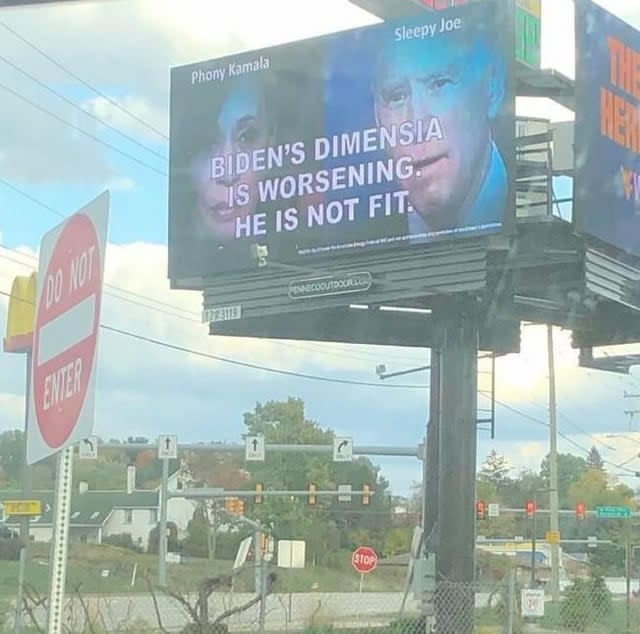 Billboard with negative political message about Joe Biden saying he is unfit because of his "dimensia"