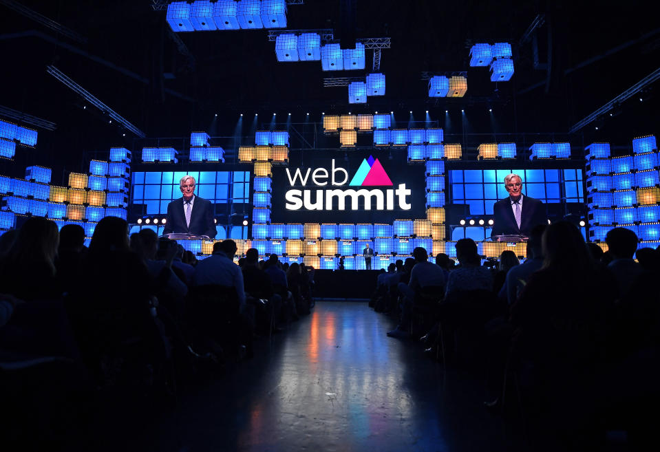 LISBON , PORTUGAL - 5 November 2019; Michel Barnier, Chief Negotiator on Brexit, European Commission, on Centre Stage during the opening day of Web Summit 2019 at the Altice Arena in Lisbon, Portugal. (Photo By David Fitzgerald/Sportsfile for Web Summit via Getty Images)