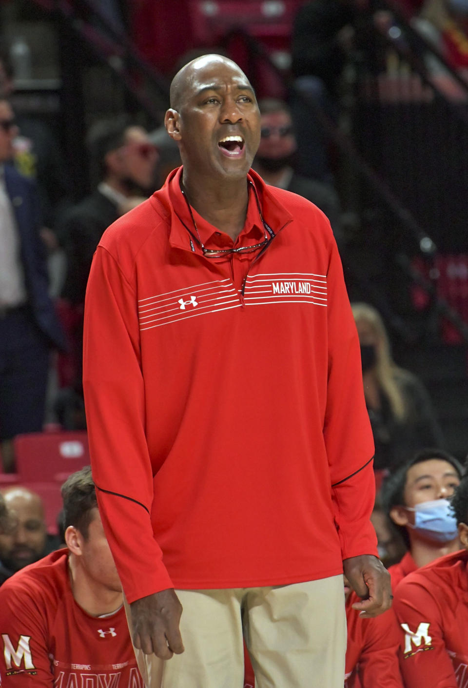 Maryland interim head coach Danny Manning reacts during the first half of an NCAA college basketball game against Northwestern in College Park, Md., Sunday, Dec. 5, 2021. (Amy Davis/The Baltimore Sun via AP)