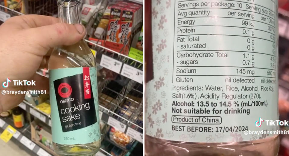 A photo of cooking sake at Woolworths. Right: A photo of the alcohol warning at the back.