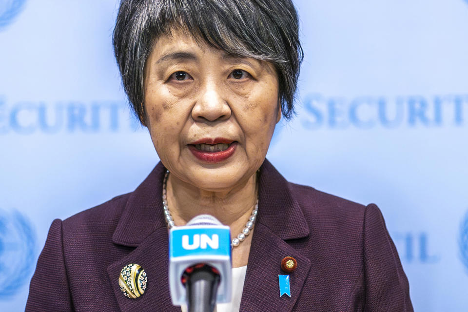 Japanese Foreign Minister Yoko Kamikawa gives her remarks following a meeting of the United Nations Security Council on maintenance of international peace and security Nuclear disarmament and non-proliferation, Monday, March 18, 2024, at U.N. headquarters. (AP Photo/Eduardo Munoz Alvarez)