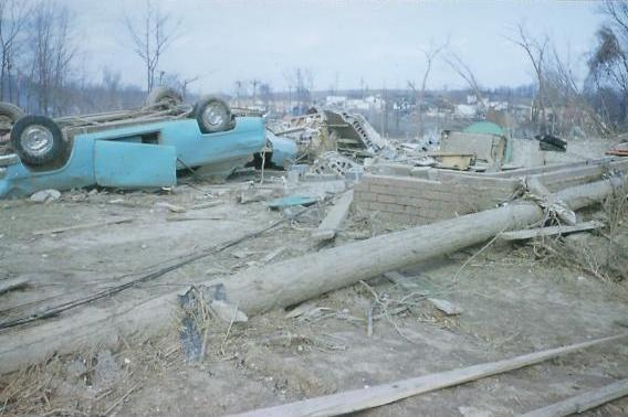A file image shows the damage left by the 1956 Hudsonville-Standale tornado. (via NWS)