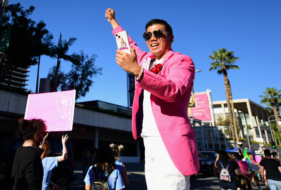 #FreeBritney activist Kevin Wu and protesters at the #FreeBritney Termination Rally at the Stanley Mosk Courthouse on Nov. 12, 2021, in Los Angeles. 