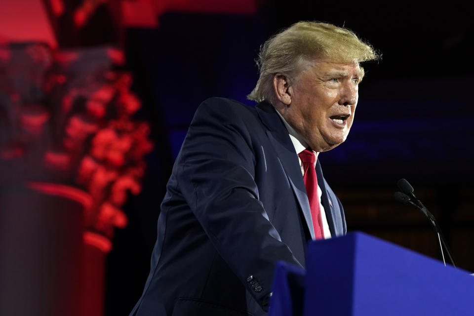 Former President Donald Trump speaks at the Faith and Freedom Coalition’s “Road to Majority” event, Friday, June 17, 2022, in Nashville, Tenn. (AP Photo/Mark Humphrey)