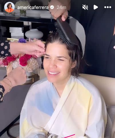 <p>America Ferrera/Instagram</p> America Ferrera gets ready for the 2024 Oscars