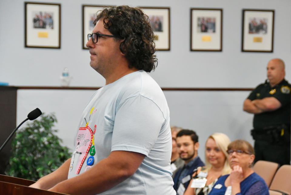 Justin Cercone, president of Space Coast Pride, addresses commission members during an A Brevard County Commission meeting during public comments related to the Brevard Cultural Alliance contract for the coming year.