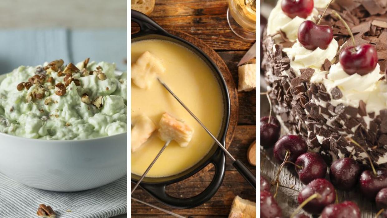 Popular recipes from the 1970s: Watergate salad in a bowl, cheese fondue with skewers, and black forest cake