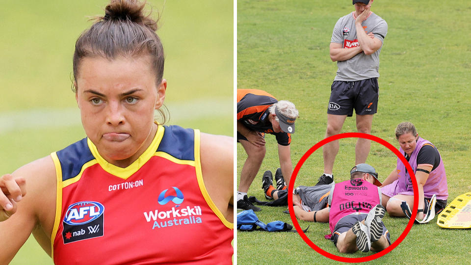 Adelaide's Ebony Marinoff has been handed a three-game suspension over the incident that saw GSW Giants recruit Brid Stack rushed to hospital with a fractured neck. Pictures: Getty Images