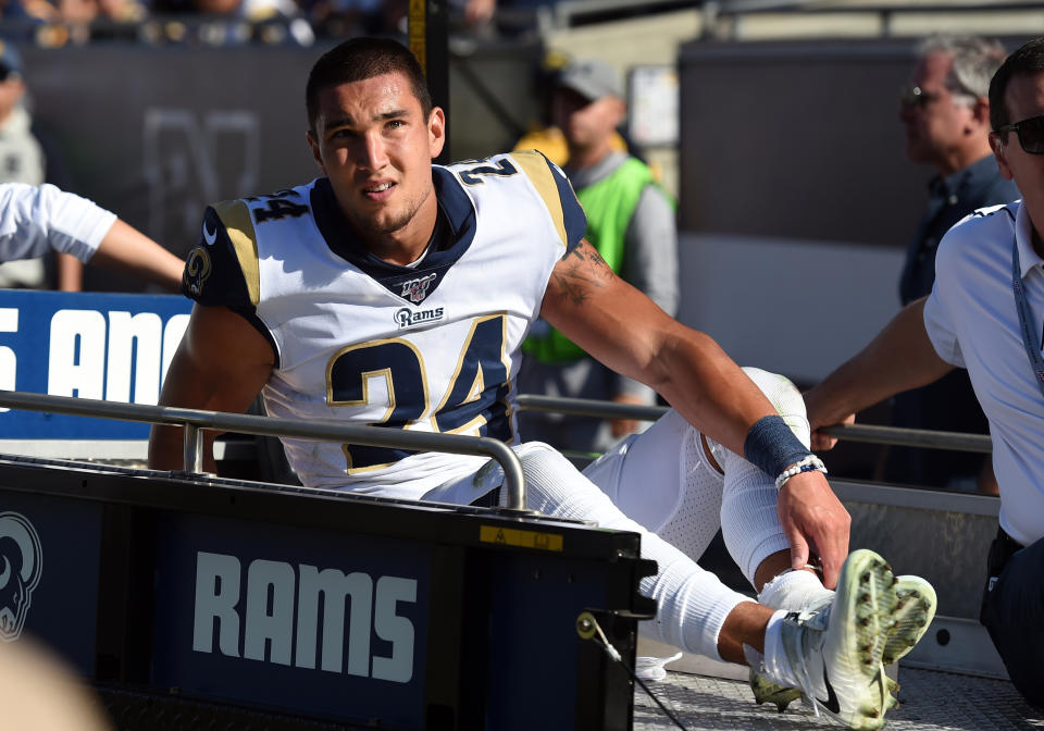 LOS ANGELES, CA - SEPTEMBER 29: Los Angeles Rams Safety Taylor Rapp (24) is taken off the field with an injury during an NFL game between the Tampa Bay Buccaneers and the Los Angeles Rams on September 29, 2019, at the Los Angeles Memorial Coliseum in Los Angeles, CA. (Photo by Chris Williams/Icon Sportswire via Getty Images)