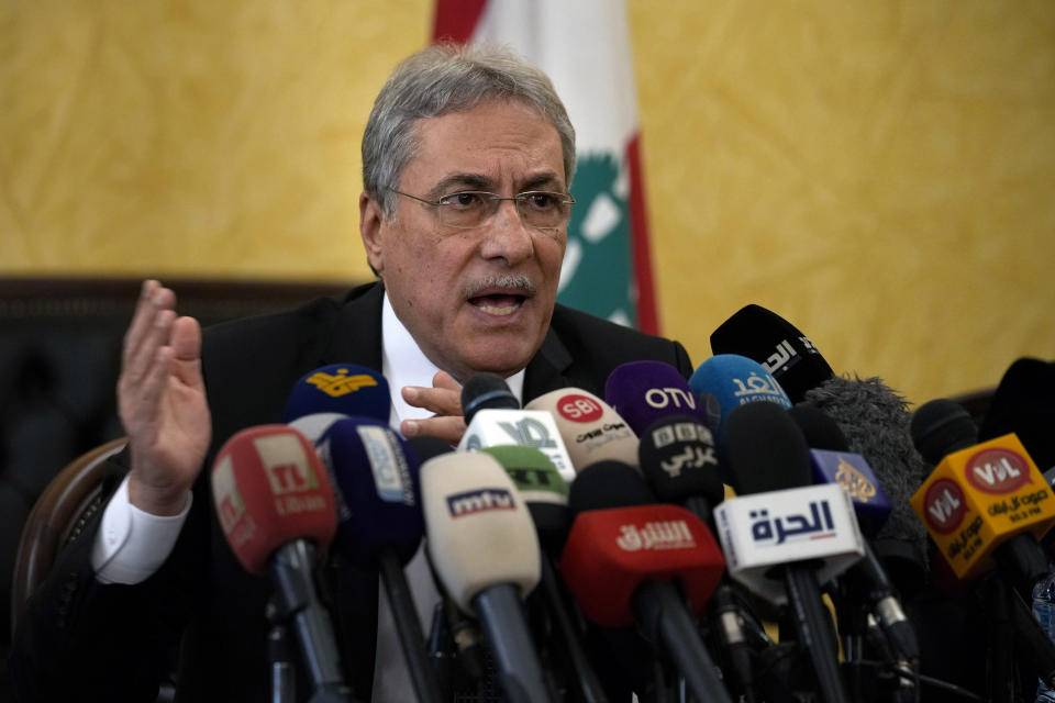 Lebanese caretaker Justice Minister Henry Khoury, speaks during a press conference at the Justice Palace in Beirut, Lebanon, Wednesday, Jan. 11, 2023. Khoury said a European judicial delegation from France, Germany, and Luxembourg have started to arrive in Lebanon as they continue probing Central Bank Governor Riad Salameh and affiliates over corruption allegations. (AP Photo/Bilal Hussein)