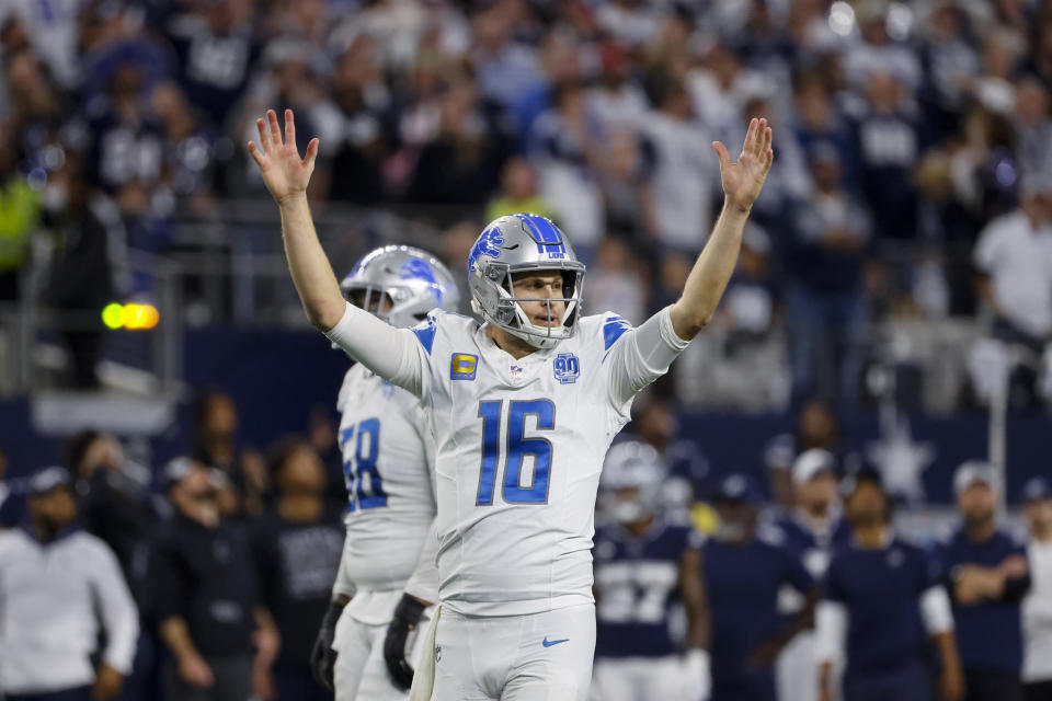 Detroit Lions quarterback Jared Goff reacts after throwing a touchdown pass against the Dallas Cowboys during the second half of an NFL football game, Saturday, Dec. 30, 2023, in Arlington, Texas. The Cowboys won 20-19. (AP Photo/Michael Ainsworth)