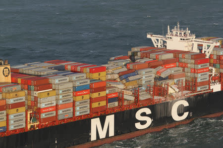 FILE PHOTO: A handout aerial photo made available by the Dutch Coastguard on January 3, 2019 shows the container ship MSC ZOE. Dutch Coastguard/Handout via REUTERS