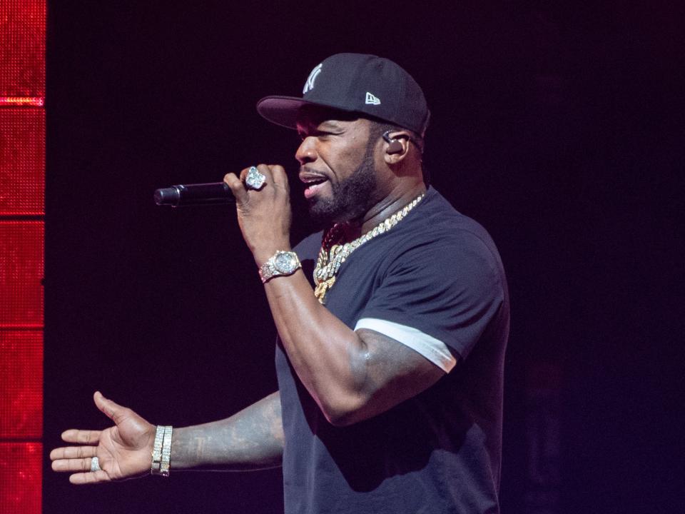 50 Cent performs onstage during 'The Final Lap Tour' at Pine Knob Music Theatre on September 17, 2023 in Clarkston, Michigan.