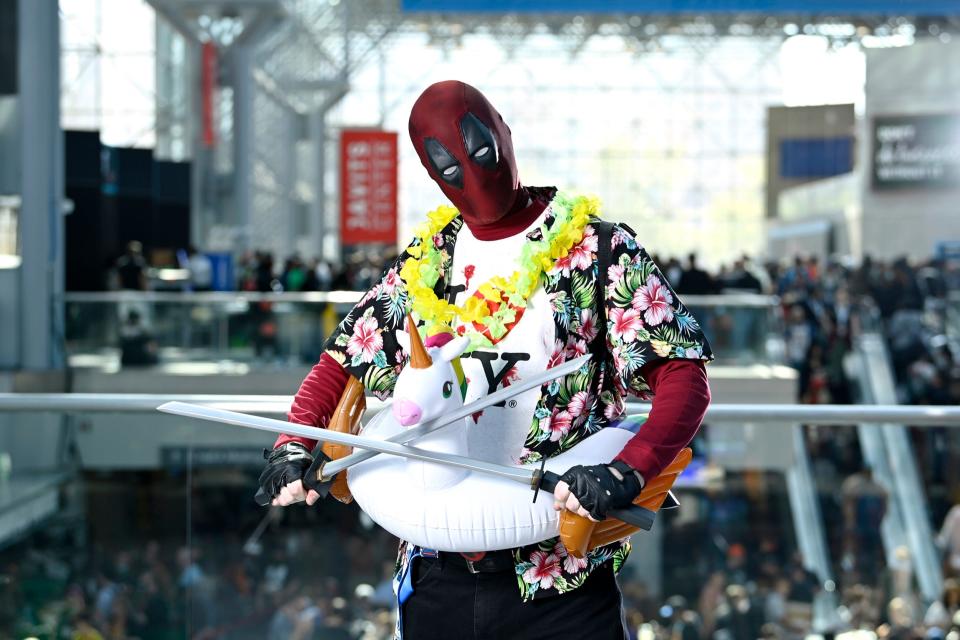 A Deadpool cosplayer at New York Comic Con 2022.