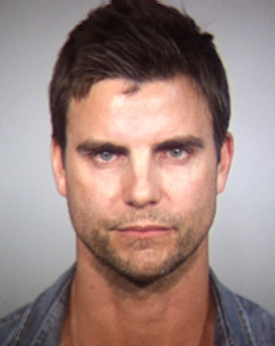 In this Tempe Police Department booking photo released Wednesday, April 2, 2014, shows Colin Egglesfield in Tempe, Ariz. Authorities said the Egglesfield was arrested on allegations that he damaged property at an Arizona arts festival. Tempe police said the 41-year-old actor known for his roles on "The Client List" and "All My Children" was arrested around Saturday on charges of disorderly conduct and criminal damage. (AP Photo/Tempe Police Department)