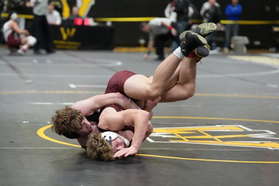 The Passaic County Wrestling Championships at West Milford High School on Saturday, January 21, 2023. Sean Walker (Lakeland) on his way to defeating Joseph Geleta (Clifton) in their 150 pound match.