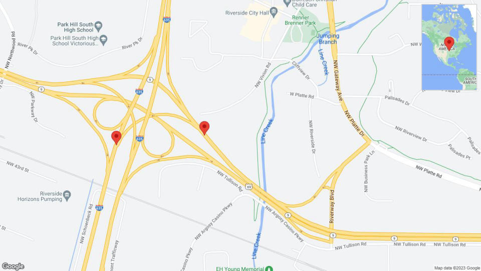 A detailed map that shows the affected road due to 'US-69 temporarily closed in Riverside' on December 27th at 3:54 p.m.