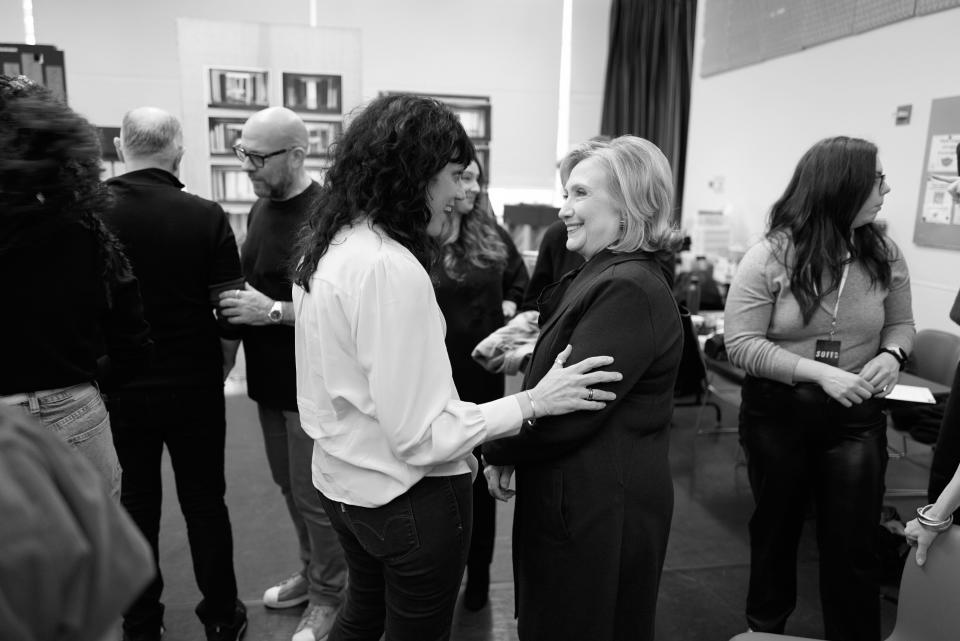 "Suffs" director Leigh Silverman, left, and Secretary Hillary Clinton at the Broadway musical's first rehearsal in February.