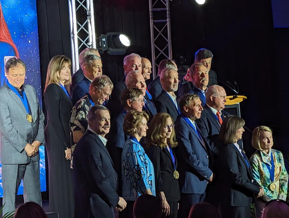 Hall of Fame astronauts gather after the induction of Marsha Ivins and David Hilmers on Saturday, June 1.