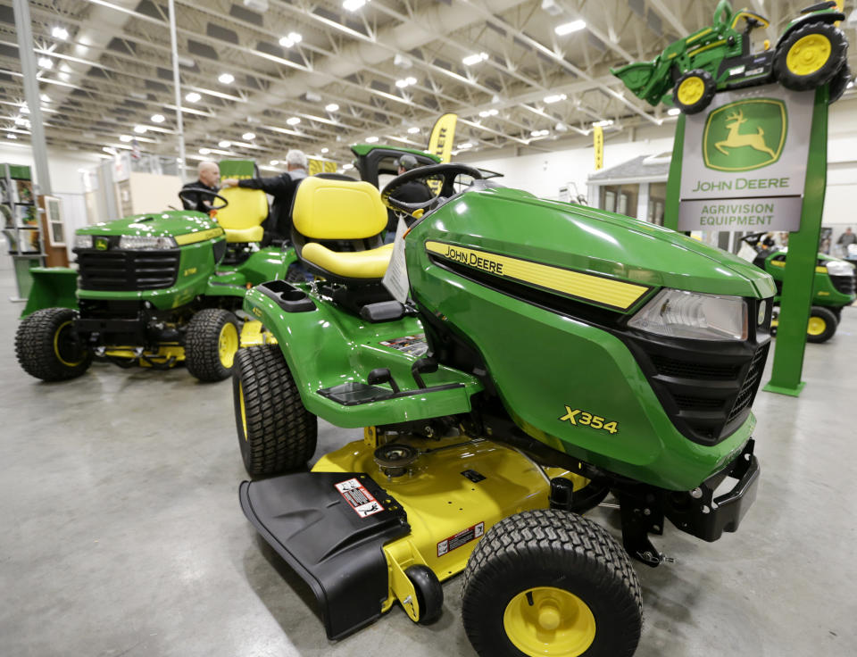 John Deere garden tractors are on display at the 