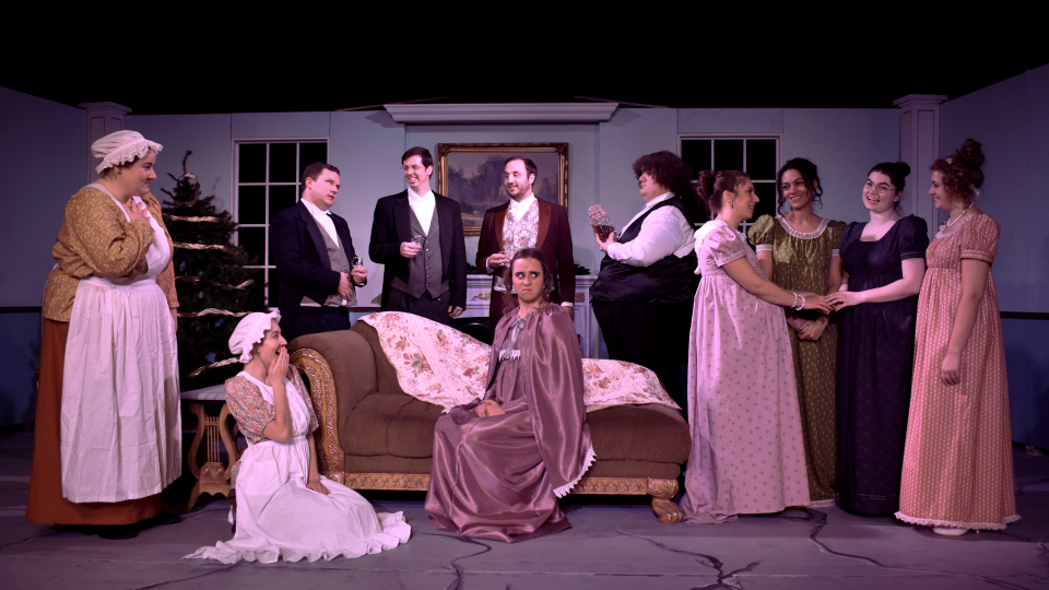 The cast of Twin City Players' production of “Miss Bennet: Christmas at Pemberley” includes, from left standing, Marion Pritchard, Tim McFeeters, Jacob Holmes, Allen Pille, Mel Weber, Cassi File, Kelsey Trux, Rachel Thursby and Avery Saylor, and, kneeling and sitting, Claire Guderjahn and Anna Pille. The play runs Dec. 2 to 18, 2022, at the theater in St. Joseph.