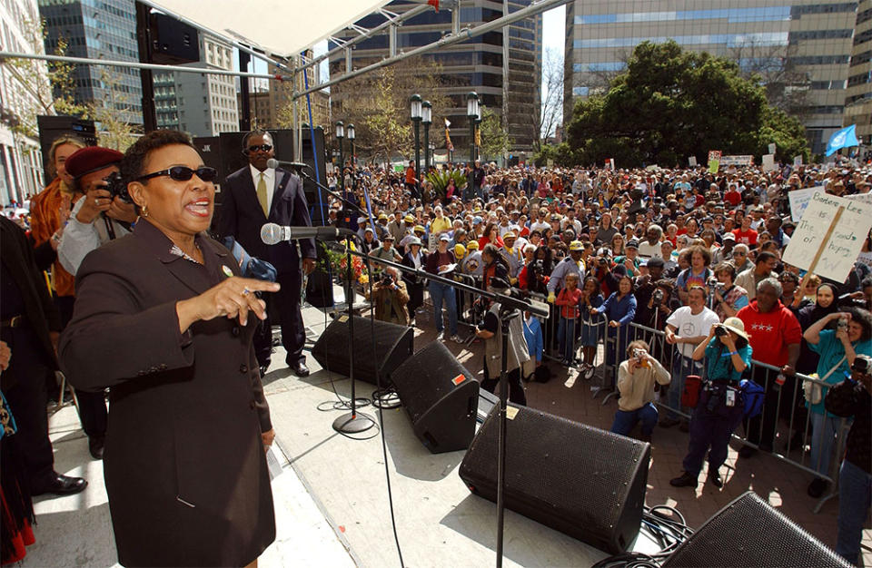 U.S. Congresswoman Barbara Lee (D-CA) addresses antiwar protesters during a rally at Frank Ogawa Plaza April 5, 2003 in Oakland, California. About 5,000 people rallied against the U.S.-led war on Iraq during the event that started in Mosswood Park and ended at Frank Ogawa Plaza.