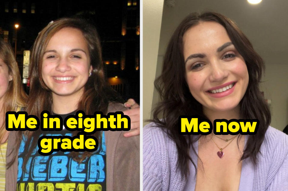 Side-by-sides of a smiling person, one with "Me in eighth grade" text and one with "Me now"