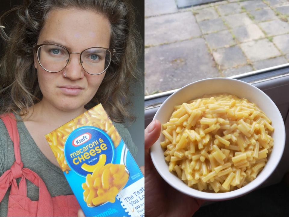The author holding a box of kraft mac and cheese looking confused and annoyed next to a photo of kraft mac and cheese in a white bowl next to a window